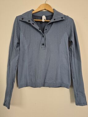 Athleta Blue Striped Quarter Snap Long Sleeve Top Size S